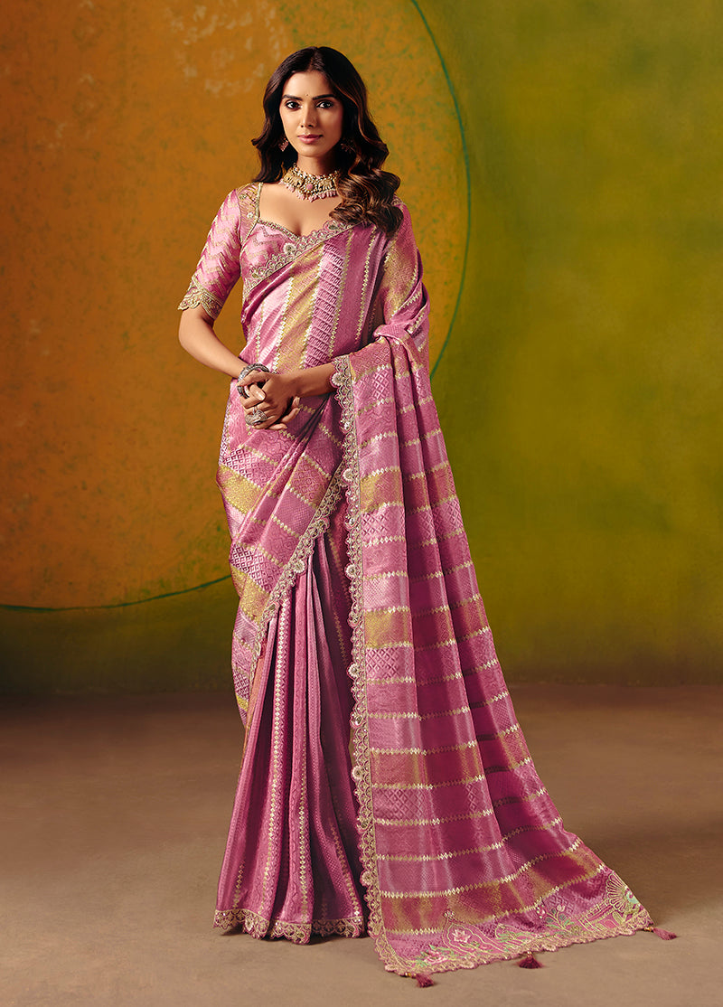 Onion pink jacquard saree with sequin and thread embroidery work