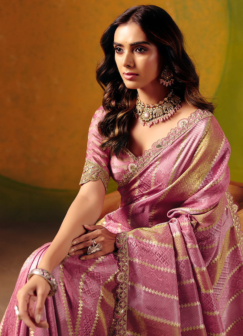 Onion Pink Jacquard Saree with Sequin and Thread Embroidery