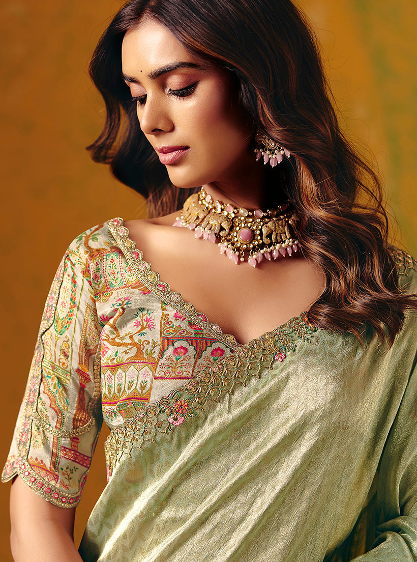 Pista Green Embroidered Silk Blend Saree with Unstitched Blouse