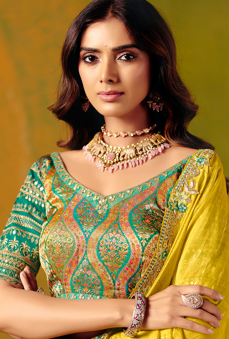 Yellow Silk Blend Saree with Sequins and Thread Work