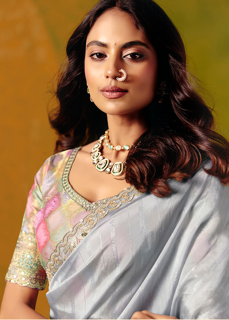 Light Grey Embroidered Silk Blend Saree for Formal Occasions
