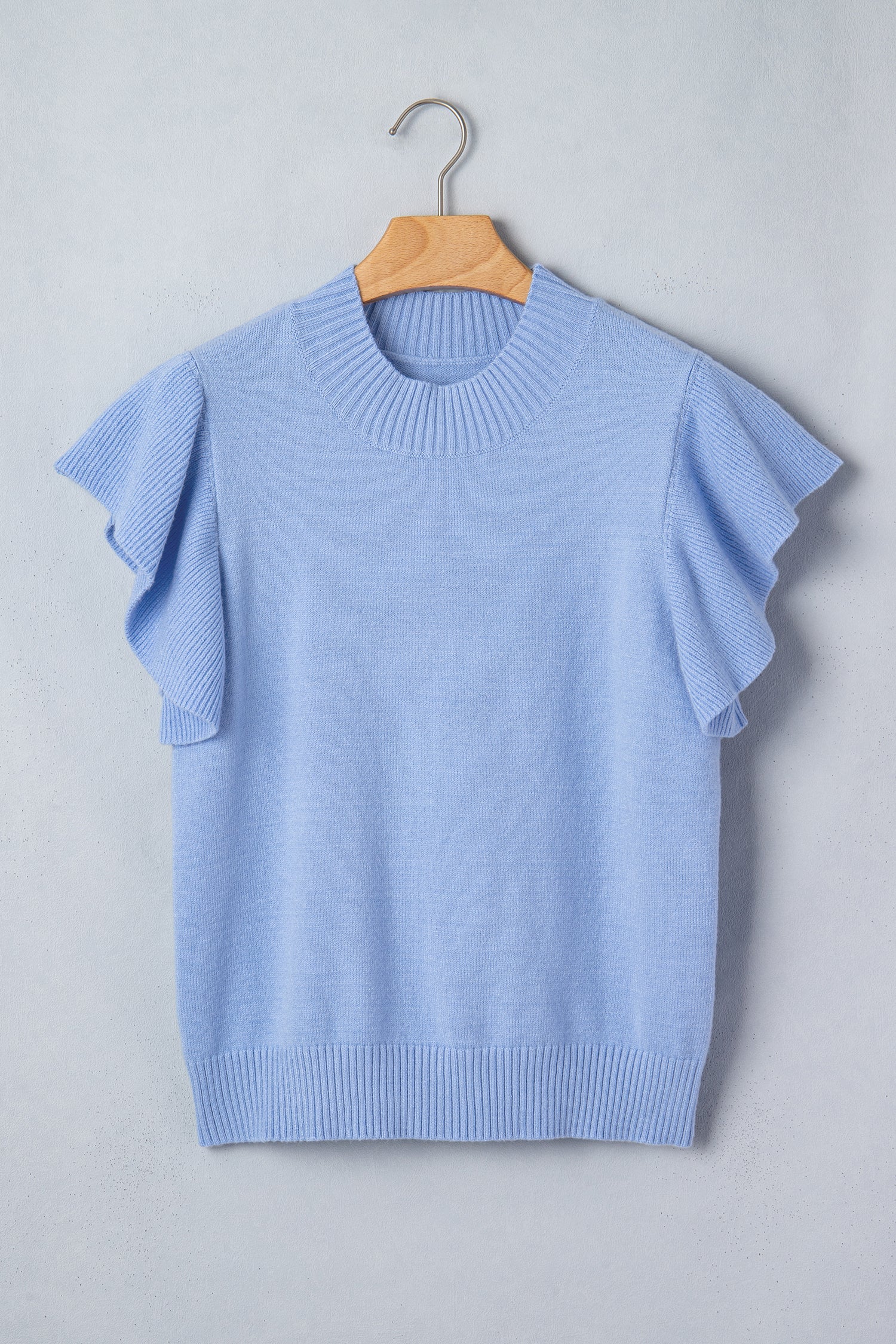 Solid Ruffle Sleeve Round Neck Ribbed Sweater
