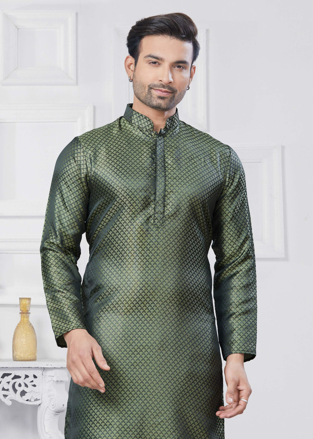Men's Jacquard Silk Green Printed Kurta Pyjama Set - Traditional