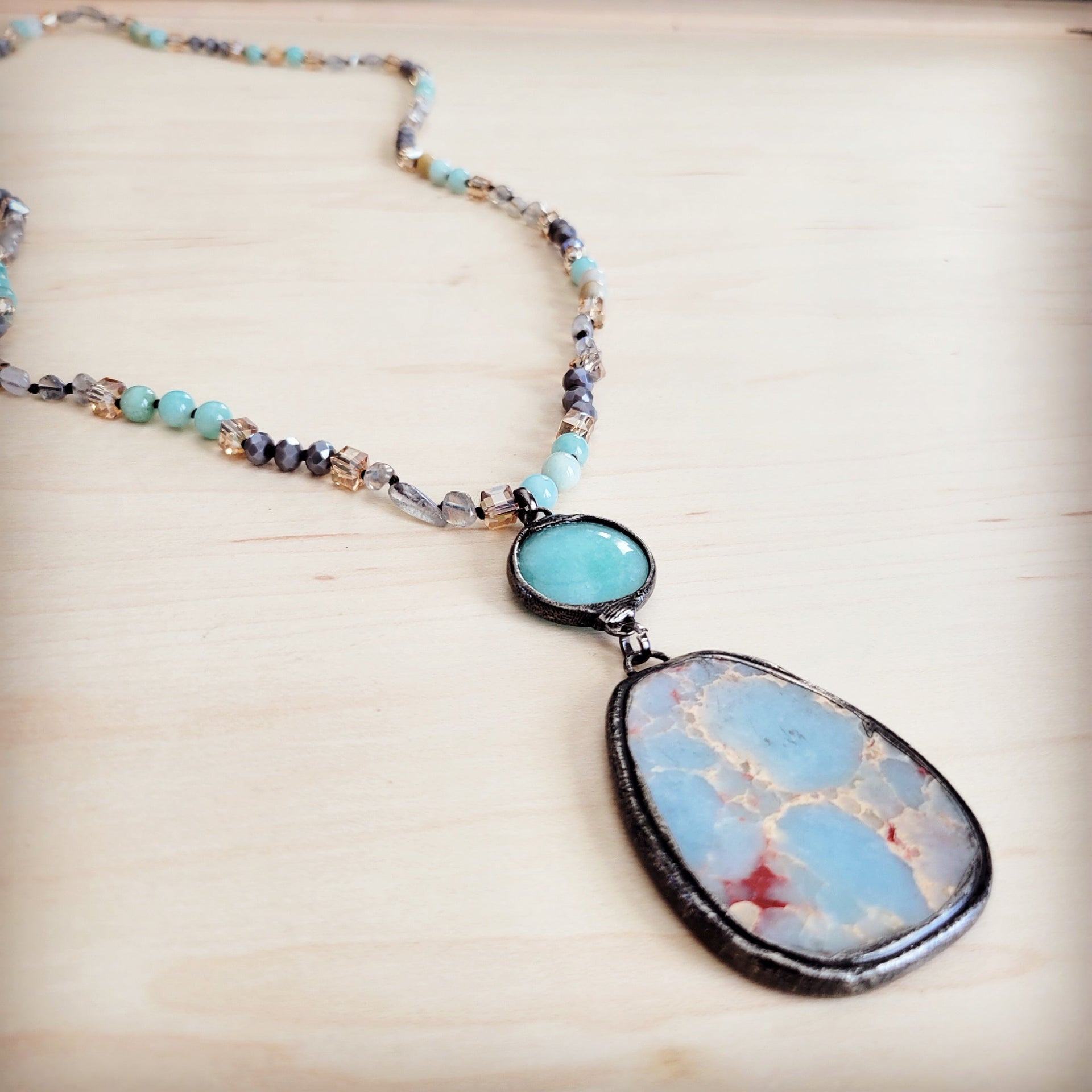 Amazonite and Crystal Beaded Necklace with Jasper Pendant