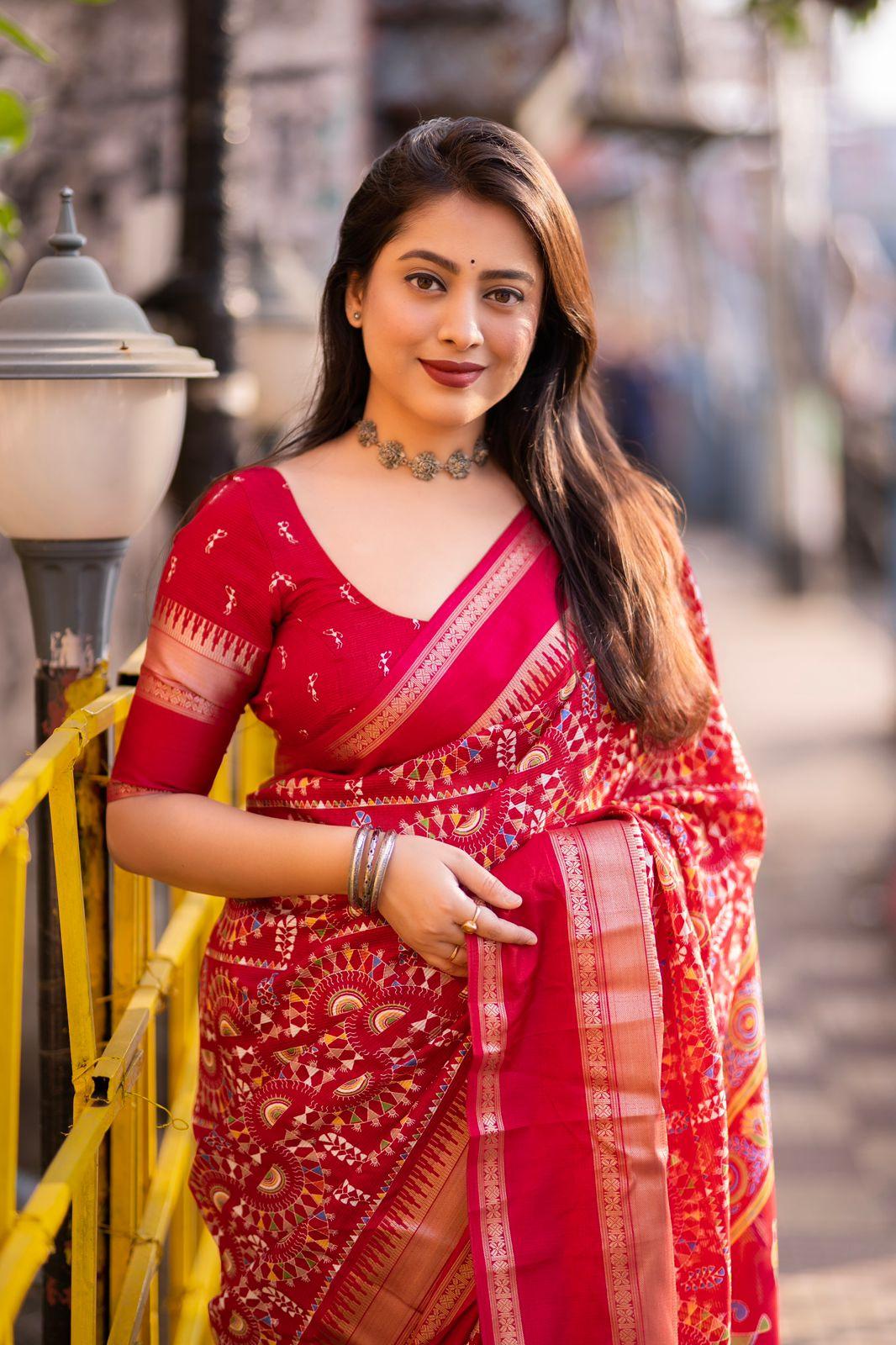 Red Cotton Blend Ethnic Motif Saree with Zari Border