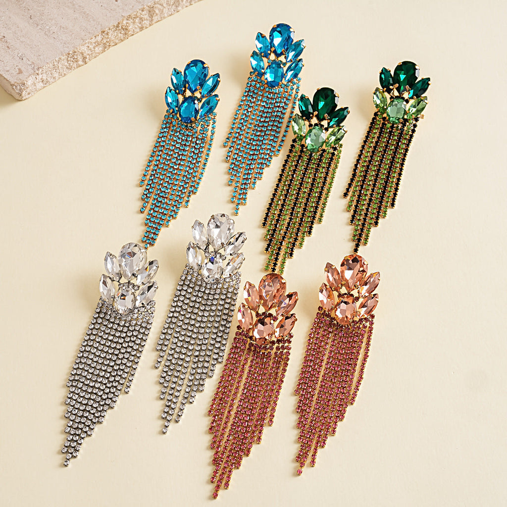 Womens Oval Rhinestone Inlaid Tassel Stud Earrings,Costume Earrings For Daily Banquet Party Wear