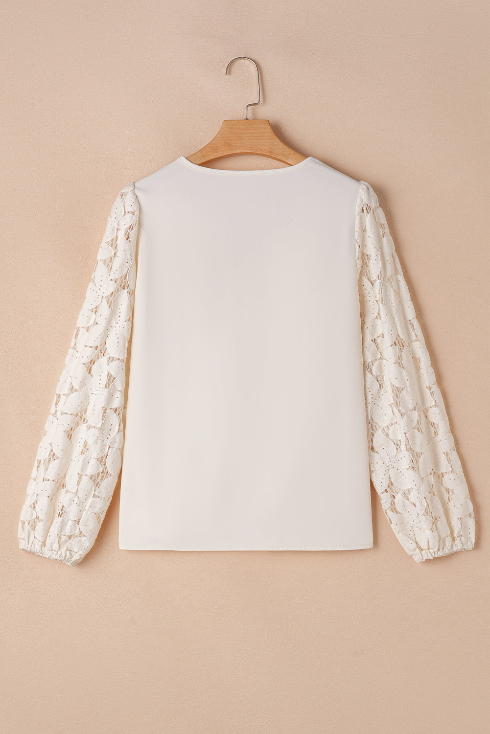 White Scalloped Lace V-Neck Lantern Sleeve Blouse