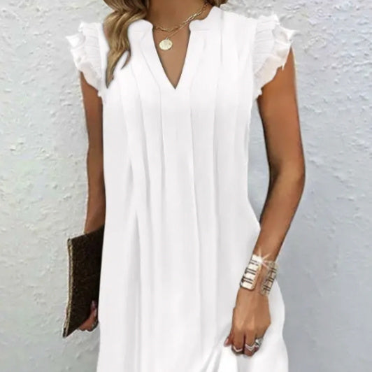 White Notch V-Neck Pleated Maxi Dress with Petal Sleeves - Image 4