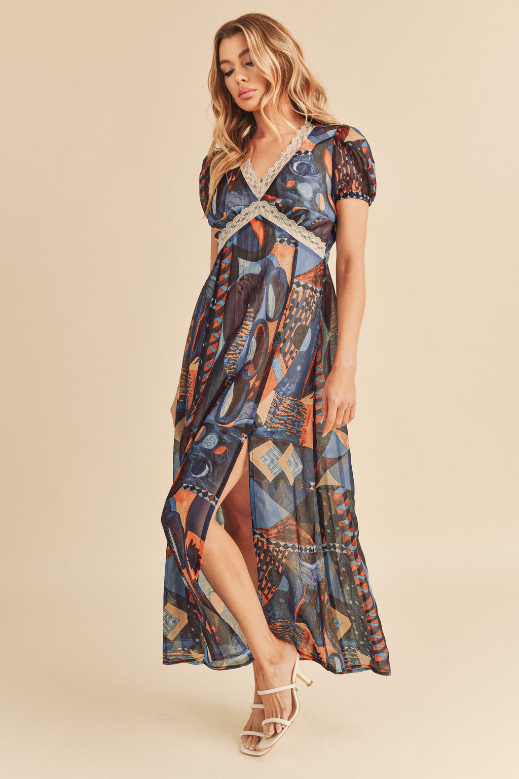 Geometric Print Maxi Dress with Lace Detail and Slit