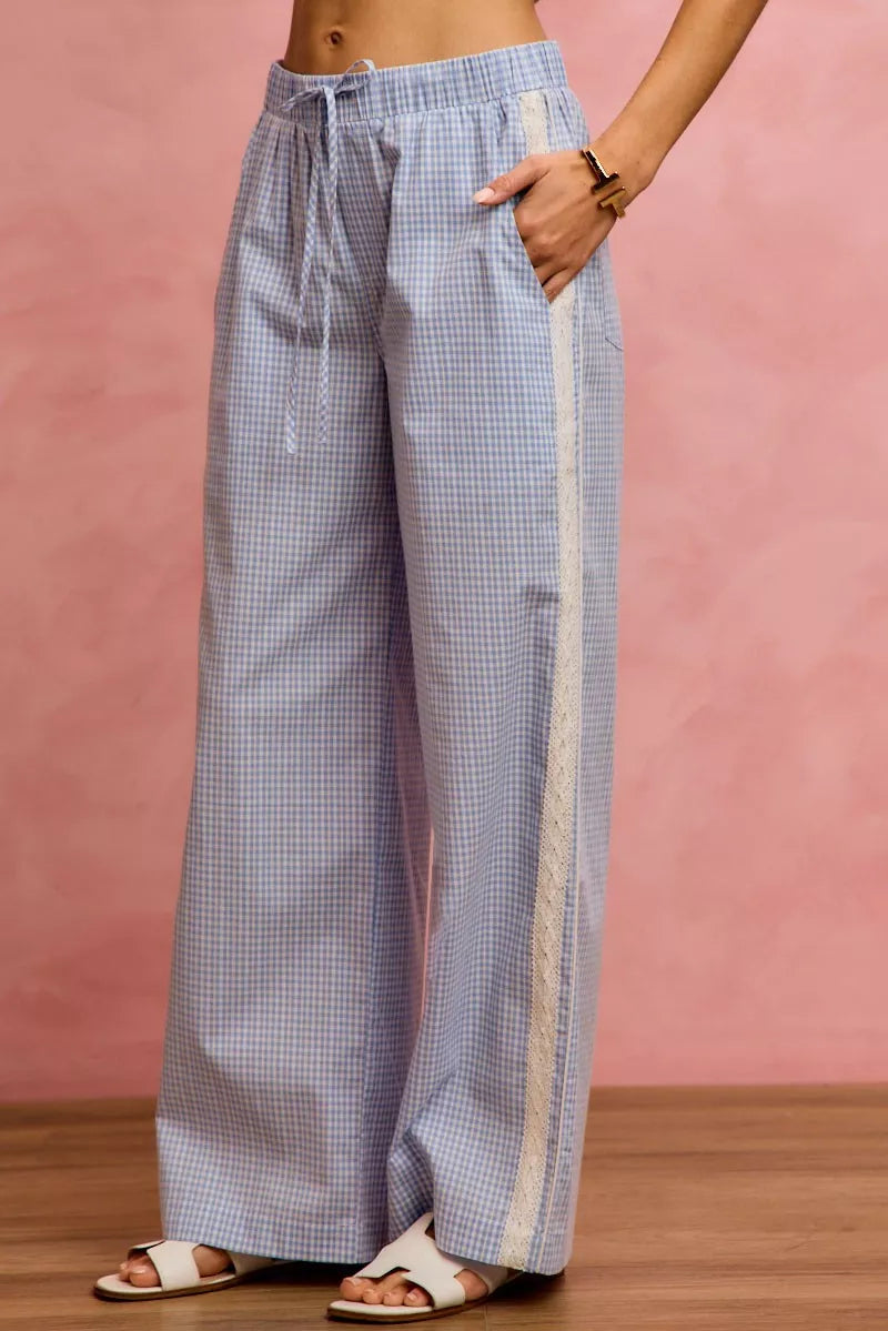 Women's Wide Leg Check Pants with Lace Trim in Light Blue White