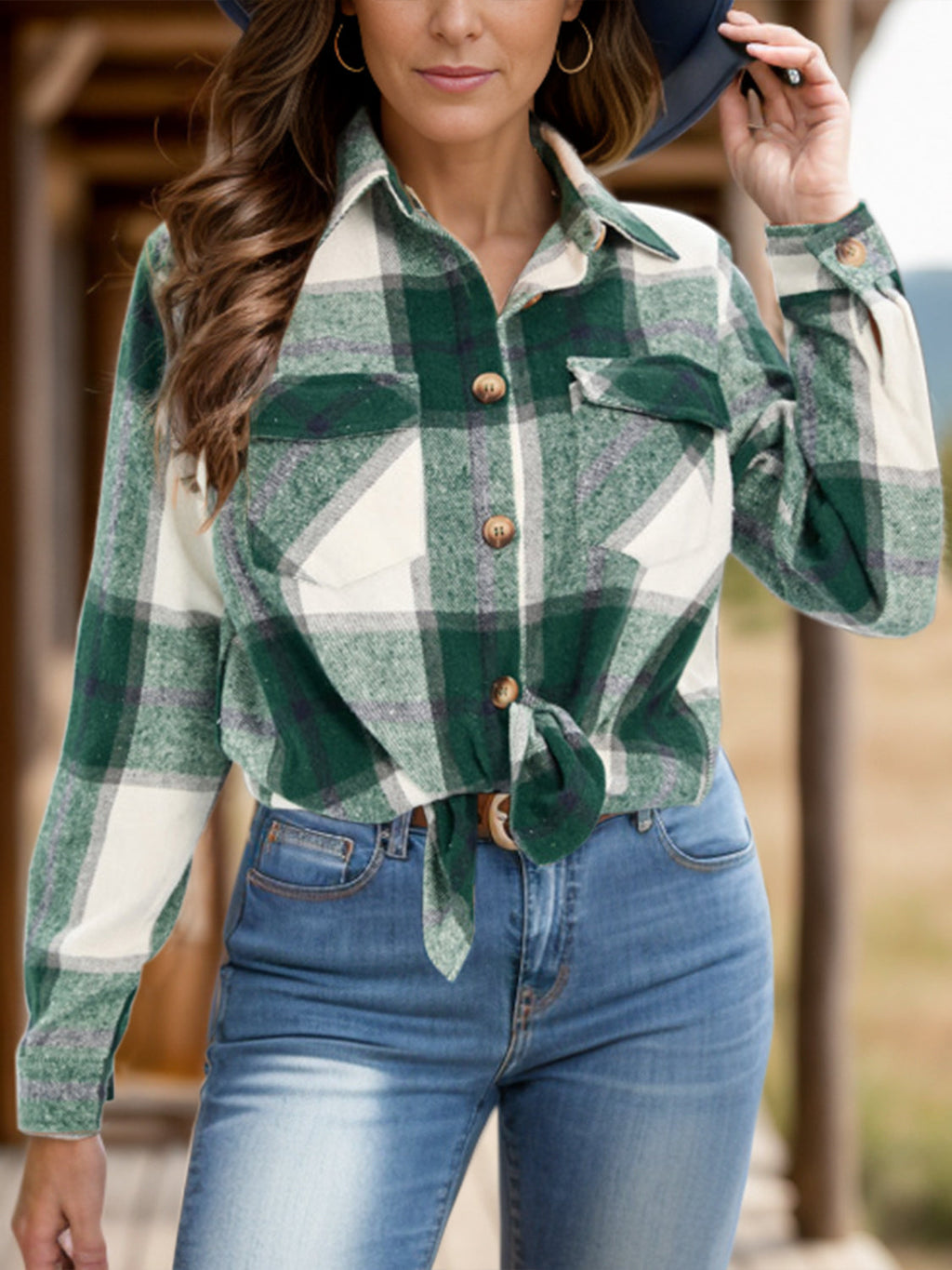 Women's Plaid Shacket with Collar and Chest Pockets - Image 11