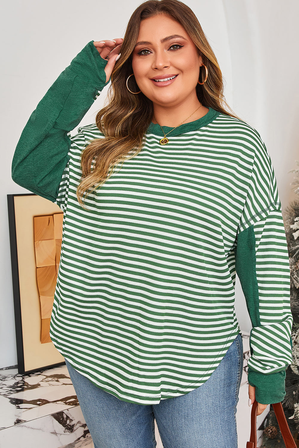 Plus Size Stripe Thermal Reverse Seam Patchwork Top