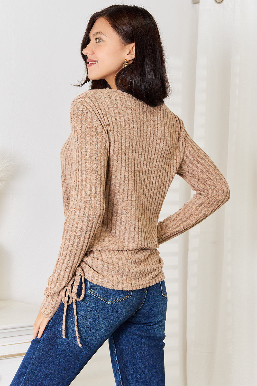 Drawstring Ribbed Long Sleeve T-Shirt | Stretchy Knit Top