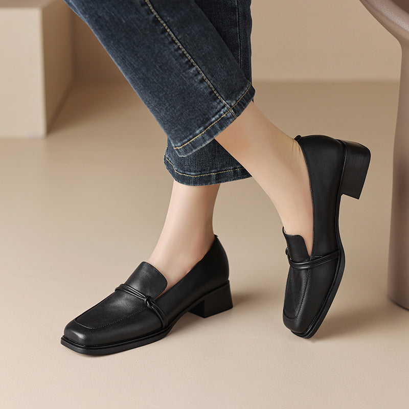 Women’s Retro Minimalist Mid-Heel Leather Loafers Black Brown - Image 3