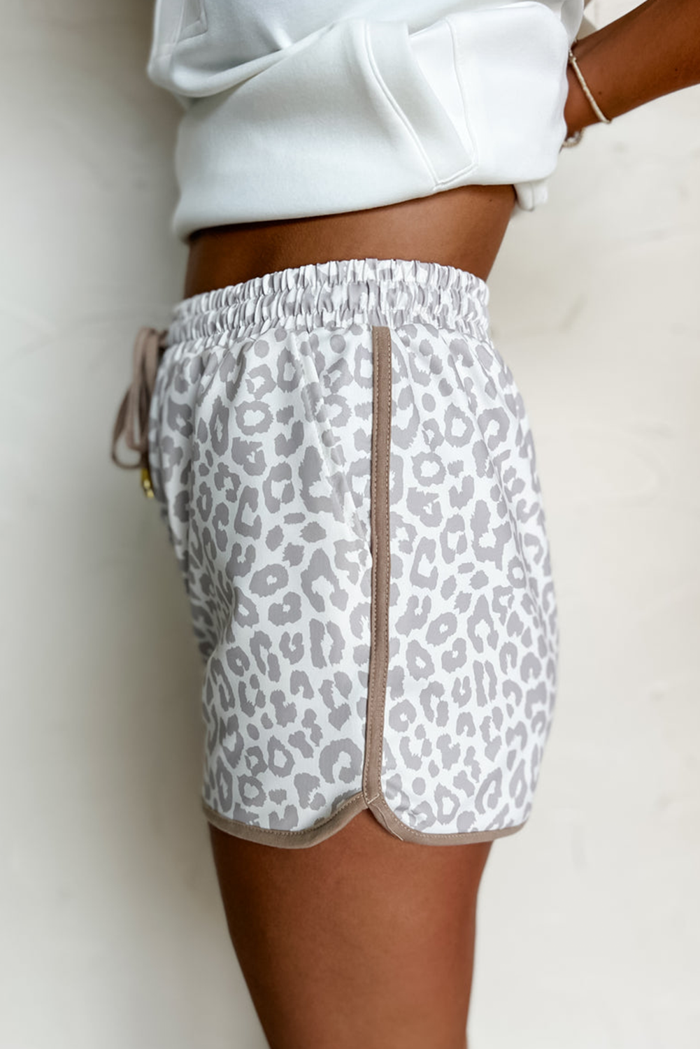 White Leopard Print Elastic Waist Lace-Up Shorts