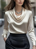 Women’s Elegant Long Sleeve Cowl Neck Minimalist Satin Blouse - Image 6