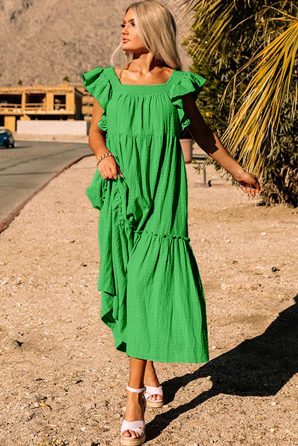 Green Ruffled Flutter Sleeve Square Neck Tiered Maxi Dress