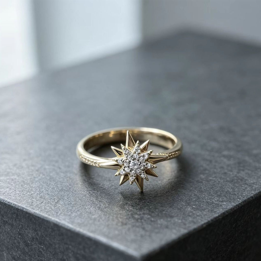 Sunflower-Gilded Five-Pointed Star Zircon Womens Ring