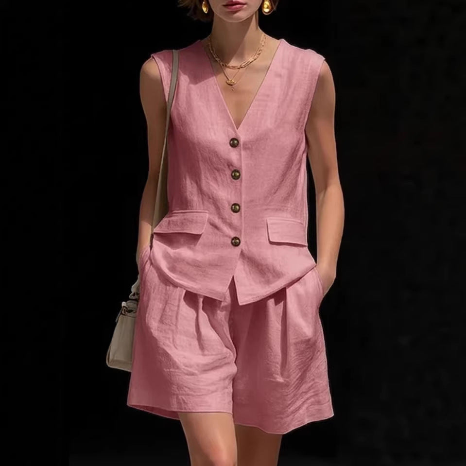Women Cotton Linen Sleeveless Button Vest and Shorts Set - Image 5