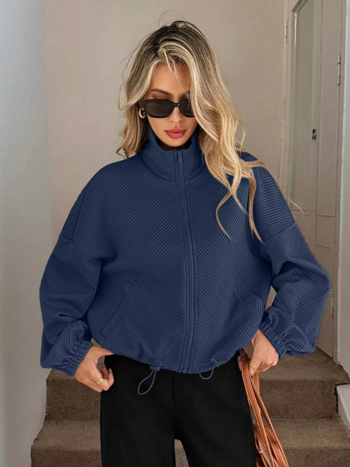 Drawstring Hem Textured Long Sleeve Jacket
