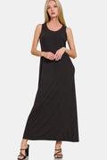 A simple and classic black scoop neck tank dress made from knit fabric.
