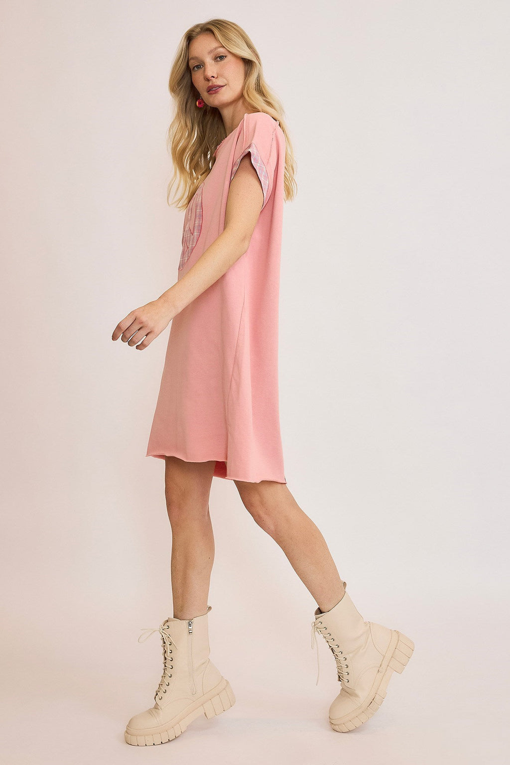 Pink and White Plaid Applique Short Sleeve Mini Dress