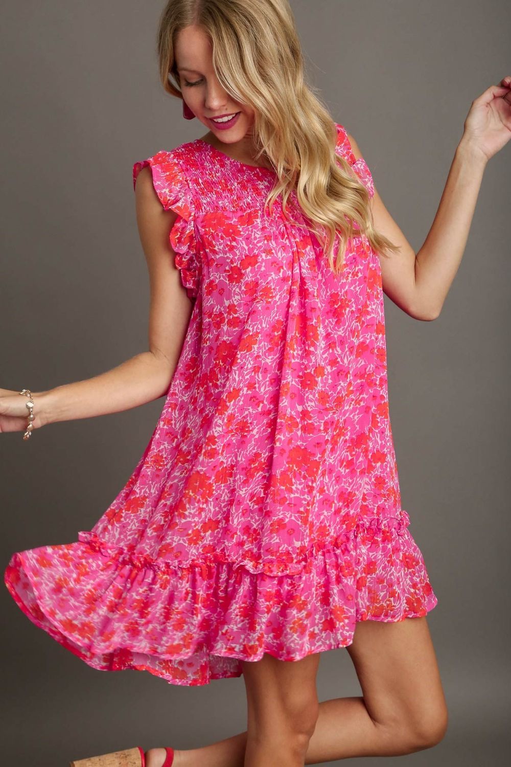 Pink Floral Smocked Detail Ruffle Cap Sleeve Dress