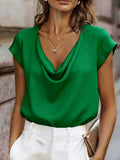 Women's Short-Sleeve Cowl Neck Top Casual Satin-Finish Blouse