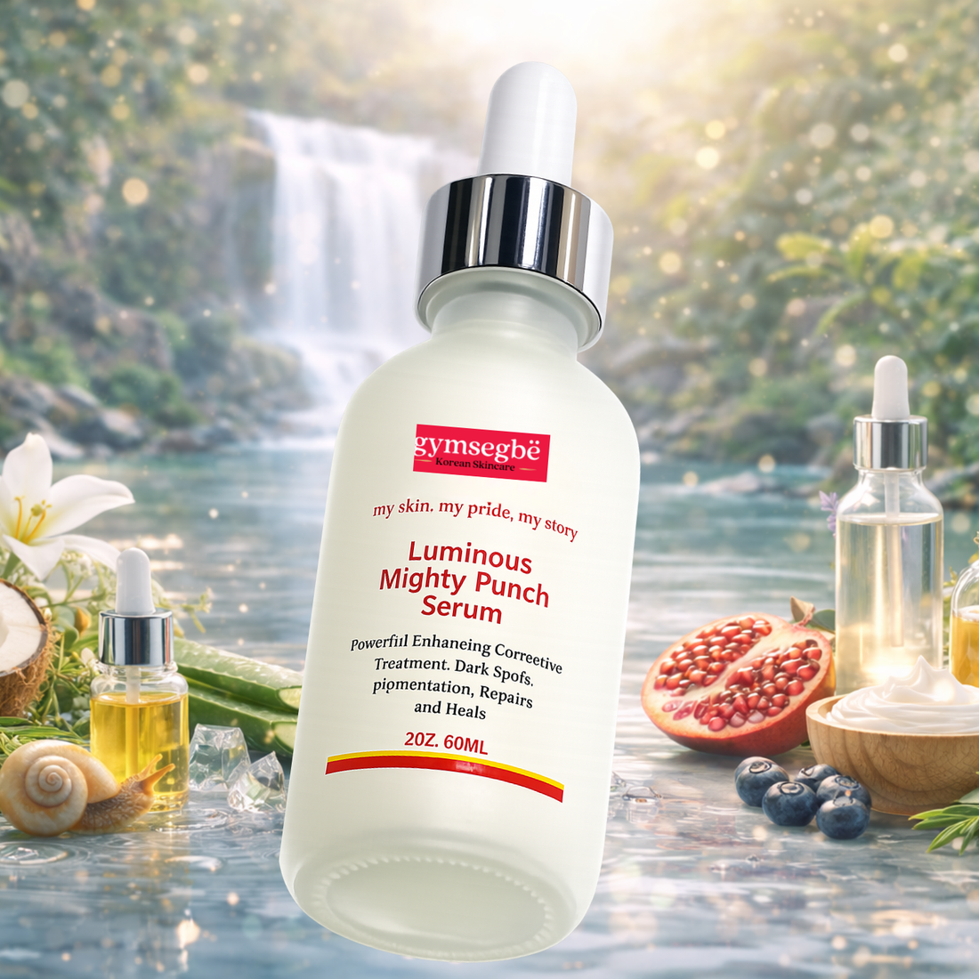 Luminous Mighty Punch Serum in a clinical white glass bottle with red and orange branding.