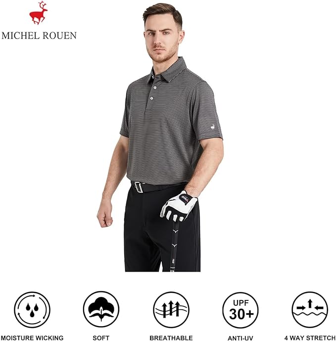 Mens Striped Performance Golf Polo Shirt - Moisture Wicking Dry Fit