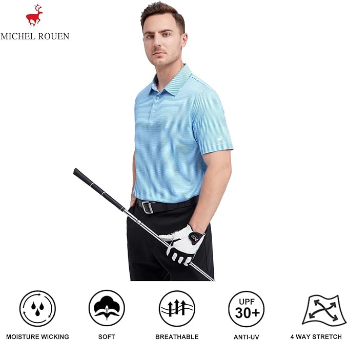 Men's Striped Golf Polo Shirt - Quick Dry Performance Sport