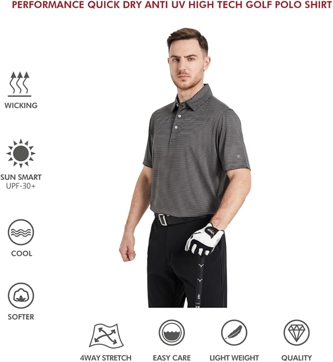 Men's Striped Performance Golf Polo Shirt Moisture Wicking Dry Fit