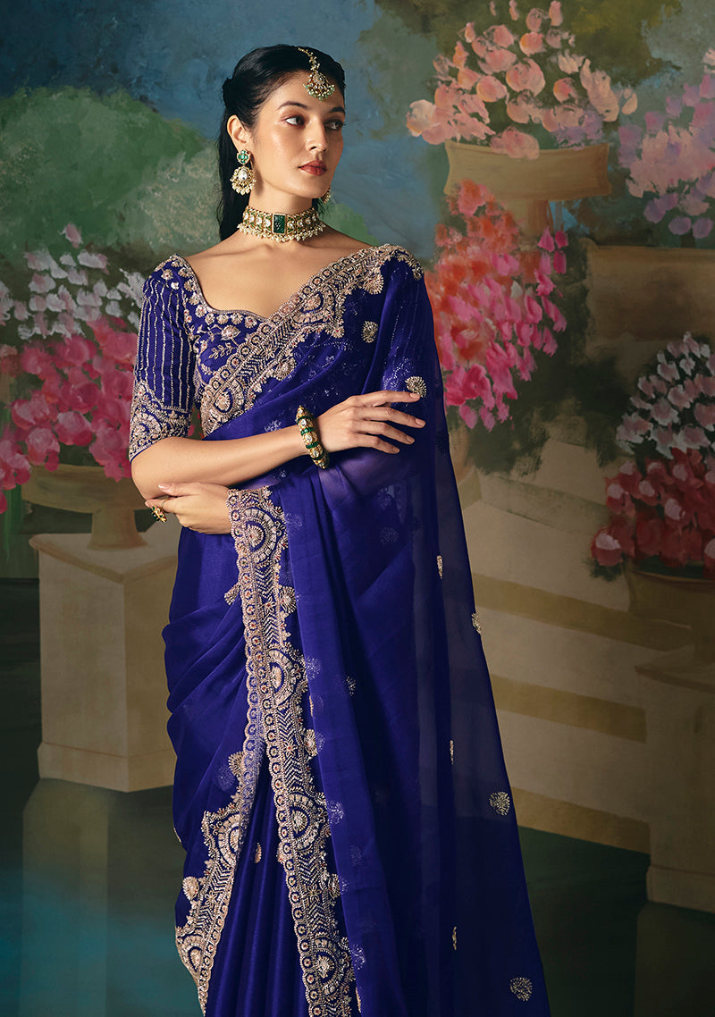 Royal Blue Embroidered Saree with Sequins and Bead Work