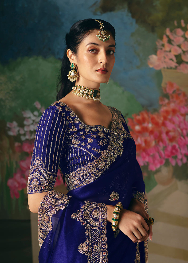 Royal Blue Embroidered Saree with Sequins and Bead Work