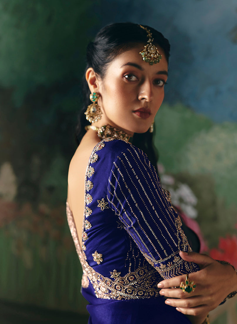Royal Blue Embroidered Saree with Sequins and Bead Work