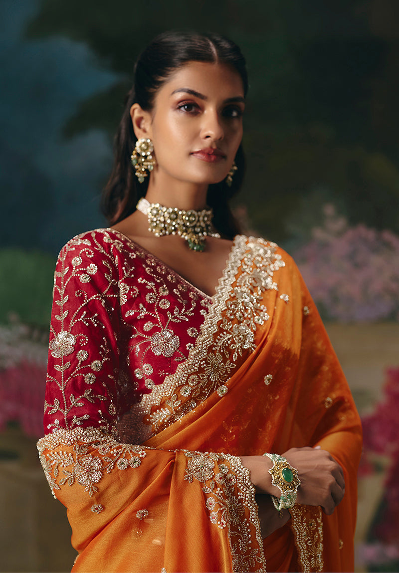 Orange Fancy Fabric Embroidered Saree with Beads and Sequins