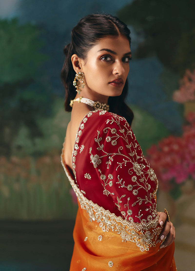 Orange Fancy Fabric Embroidered Saree with Beads and Sequins