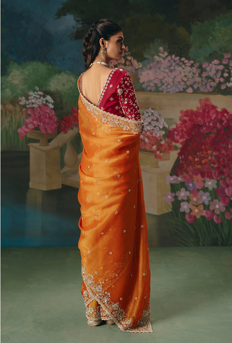 Orange Fancy Fabric Embroidered Saree with Beads and Sequins