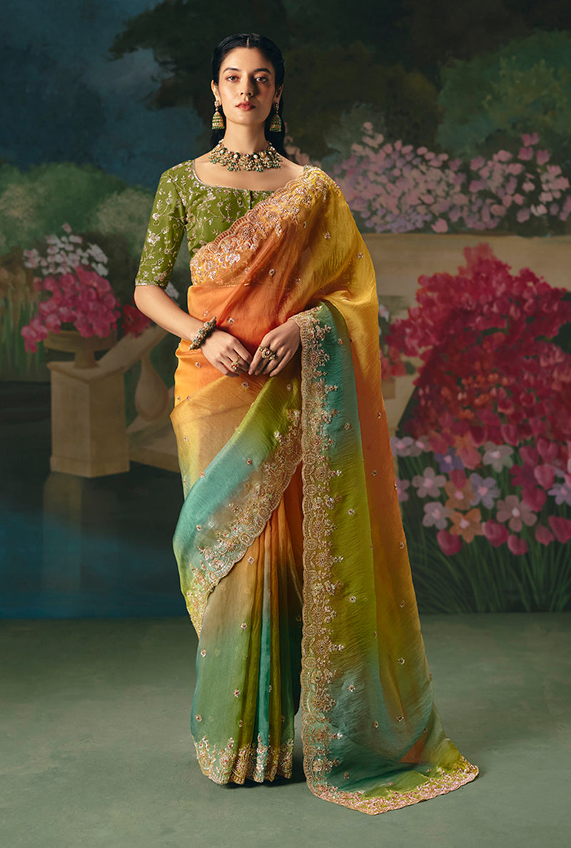 Multicolor fancy fabric saree with intricate embroidery and sequin work