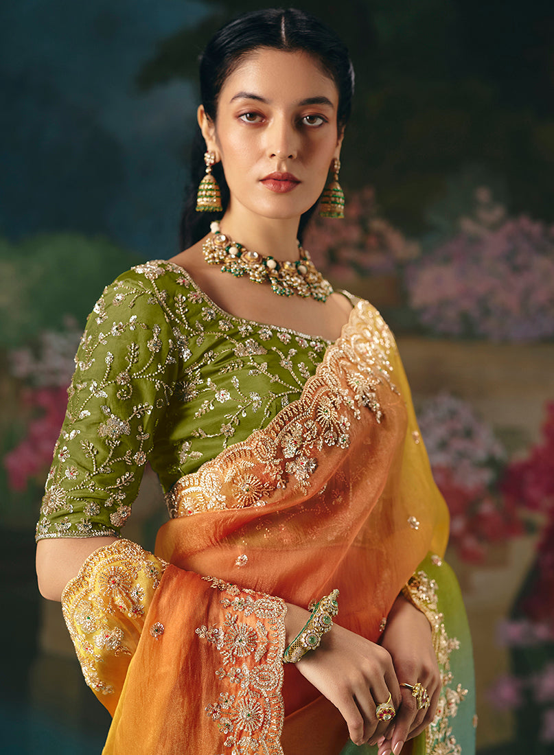 Multicolor Embroidered Fancy Fabric Saree with Sequin Detailing