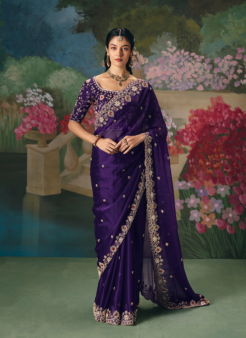 Purple embroidered saree with sequins and beads for parties