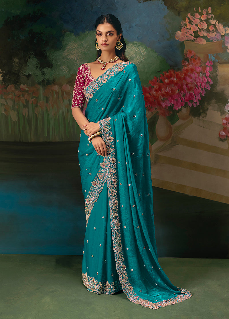Aqua Blue fancy fabric saree with sequin and bead embroidery