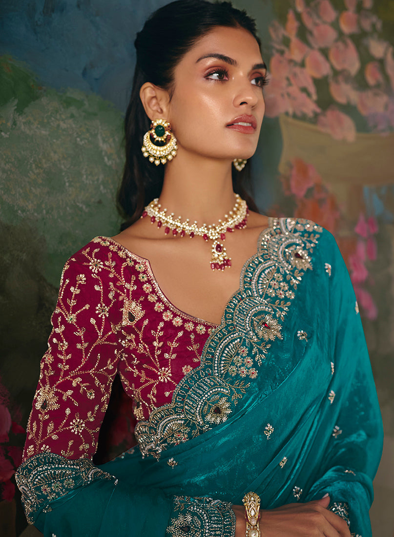 Aqua Blue Fancy Fabric Embroidered Saree with Sequins