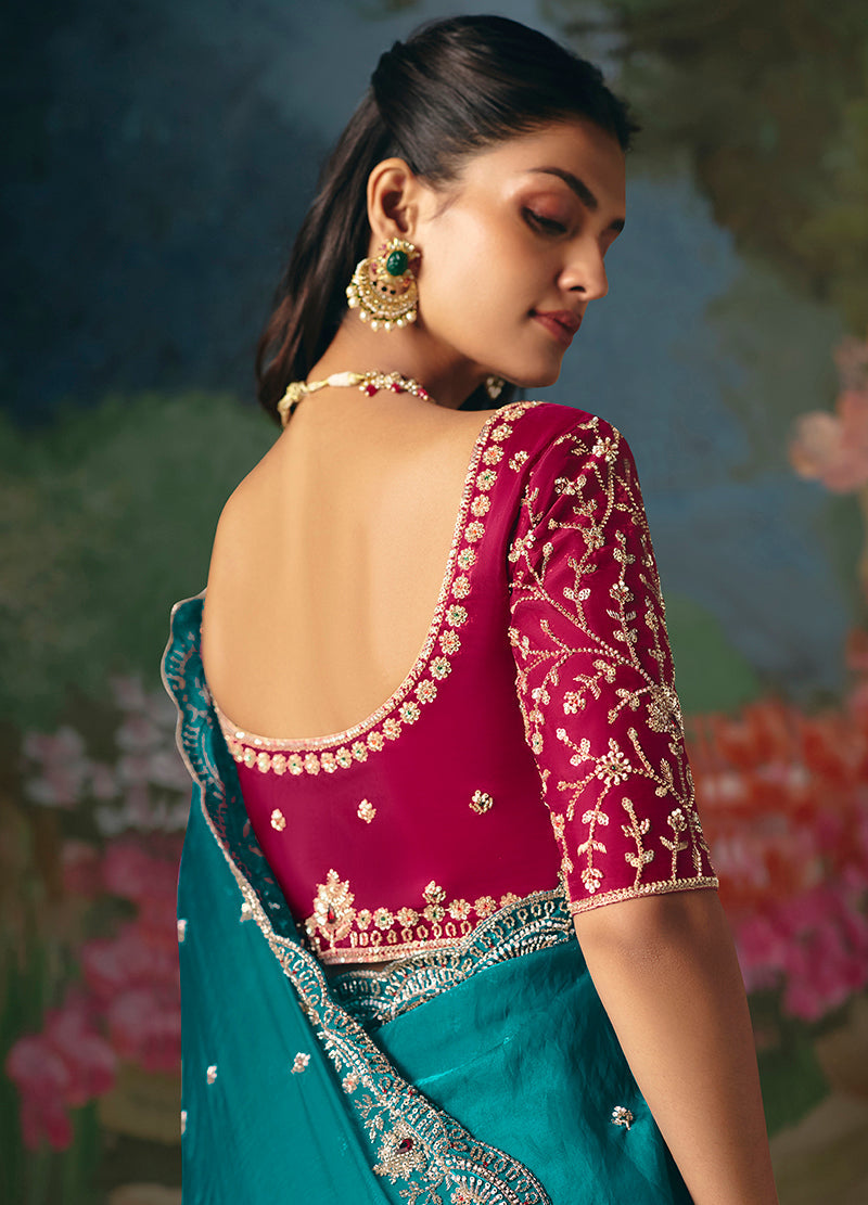 Aqua Blue Fancy Fabric Embroidered Saree with Sequins