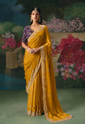 Mustard fancy fabric saree with intricate bead and sequin embroidery work