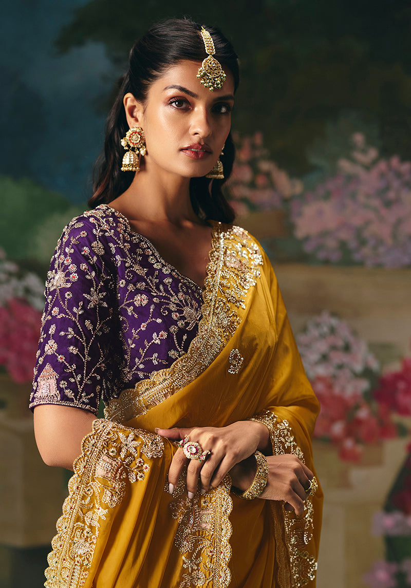 Mustard Embroidered Fancy Fabric Saree with Sequins and Beads
