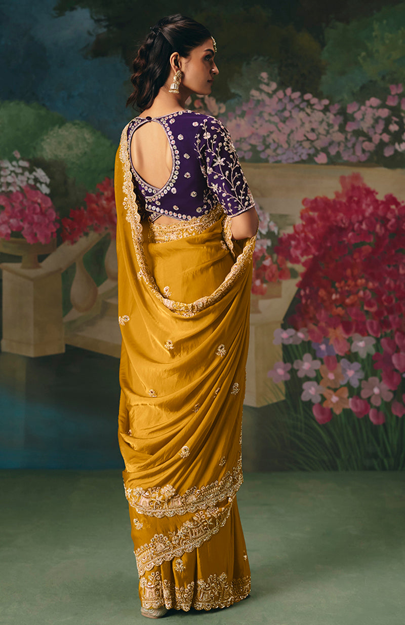 Mustard Embroidered Fancy Fabric Saree with Sequins and Beads