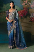 Blue fancy fabric saree with intricate embroidery, beadwork, and sequins for women