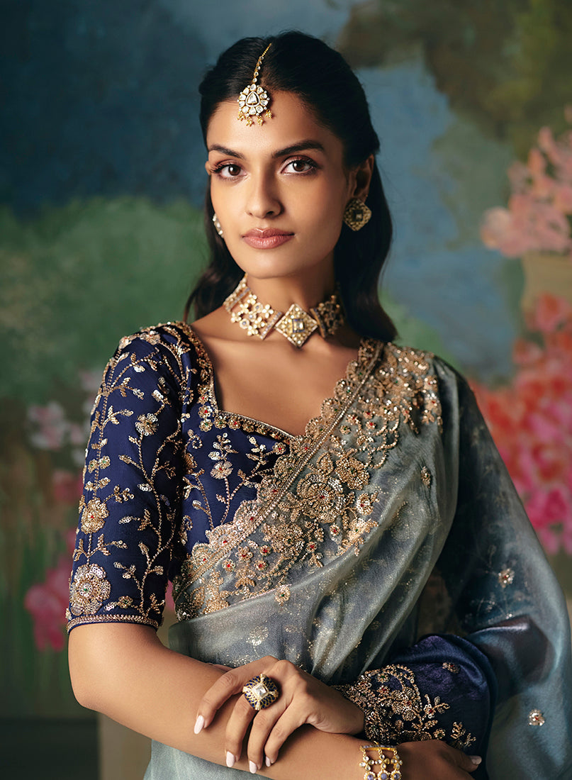 Blue Fancy Fabric Saree with Intricate Embroidery and Sequins