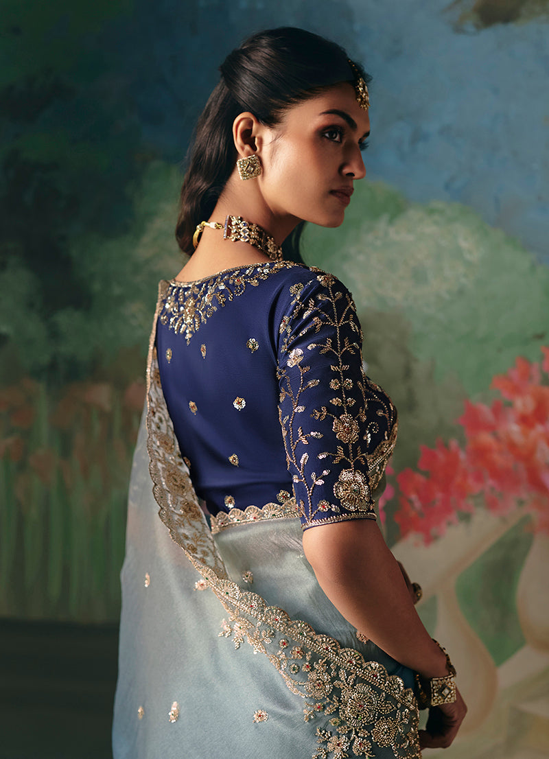 Blue Fancy Fabric Saree with Intricate Embroidery and Sequins